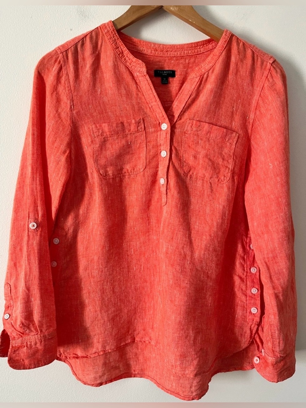 Talbots Women’s Coral 100% Linen Henley Popover Top Side Buttons Resort Beachy S